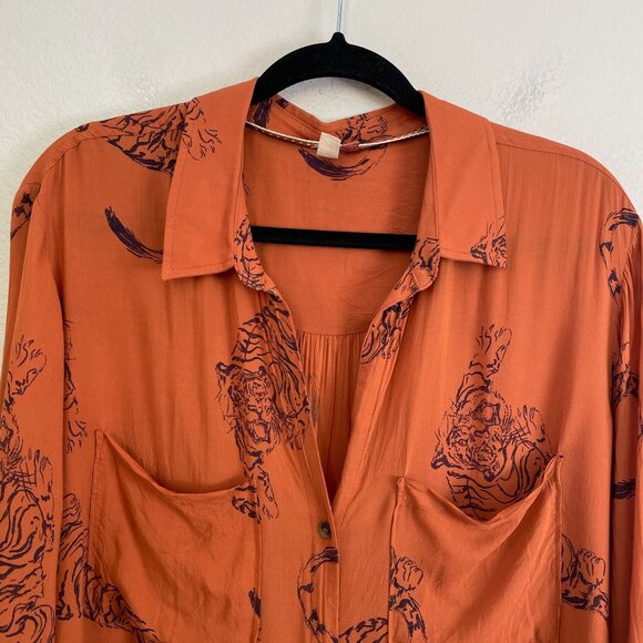 Pilcro Womens XL Rust Orange Tiger Print Button Up Blouse Long Sleeve Shirt - Picture 9 of 13